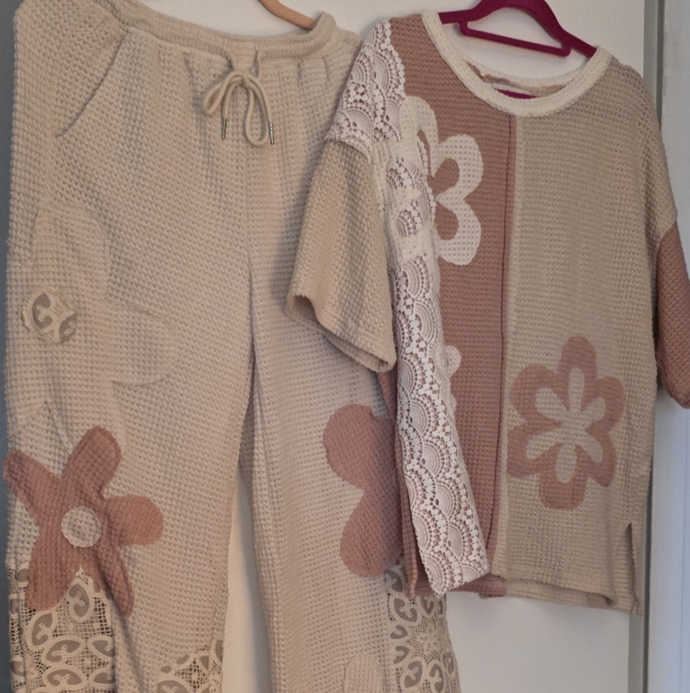 Women's Cream and Pink  Pants And Top Set